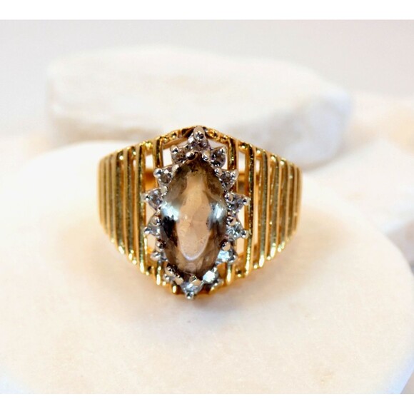 VTG 14KT White Gold Smokey Quartz Natural Diamond Ring Sz 6  7.1 gr - Picture 2 of 8